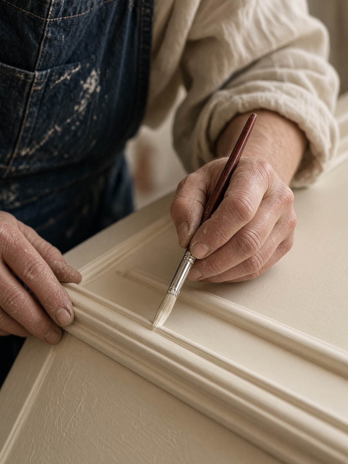 Painter cutting a precise line along cream trim