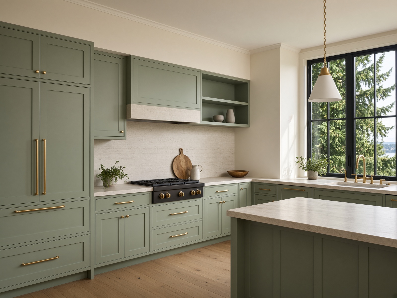 Sage kitchen in Comox with cream walls